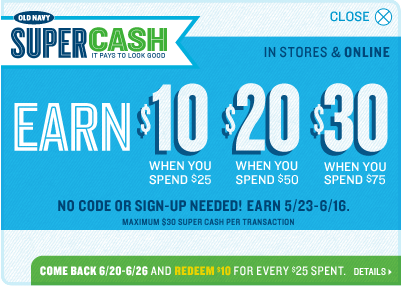 Super Cash.  Earn $10 when you spend $25, earn $20 when you spend $50, earn $30 when you spend $75.  No Code or Sign-Up Needed.  Earn 5/23 - 6/16.