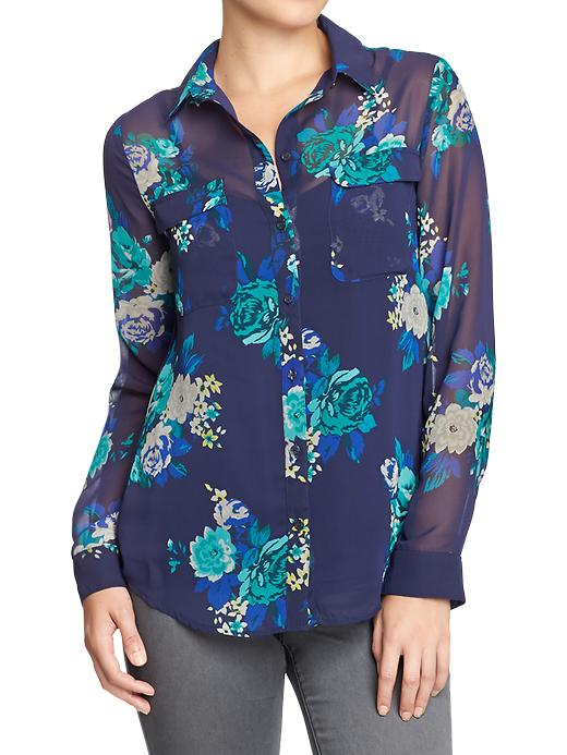 Old Navy Womens Floral Print Chiffon Blouses Blue Feedfish