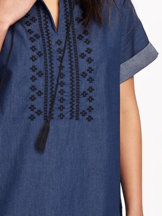 Image number 4 showing, Embroidered-Front Chambray Shift Dress for Women