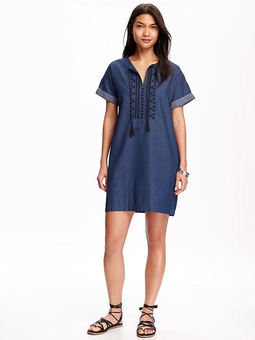 Image number 1 showing, Embroidered-Front Chambray Shift Dress for Women