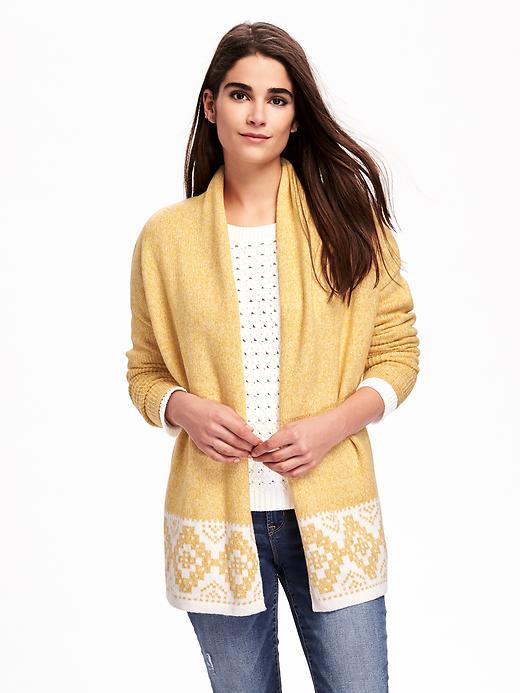 View large product image 1 of 1. Patterned Shawl-Collar Open-Front Cardi for Women