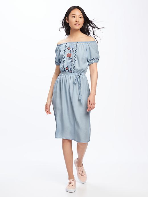 Image number 1 showing, Embroidered Off-Shoulder Tencel&#174 Midi Dress for Women