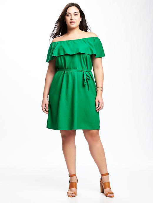 View large product image 1 of 1. Off-the-Shoulder Linen-Blend Plus-Size Shift Dress