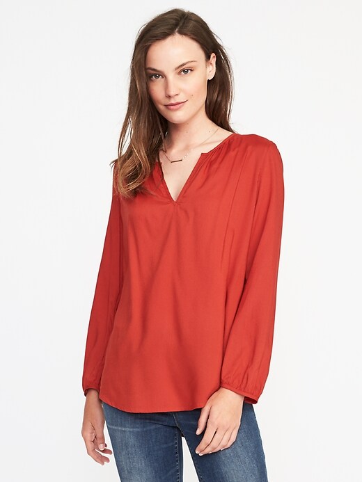 Image number 1 showing, Relaxed Shirred Split-Neck Blouse for Women