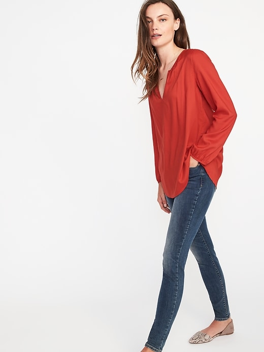 Image number 4 showing, Relaxed Shirred Split-Neck Blouse for Women