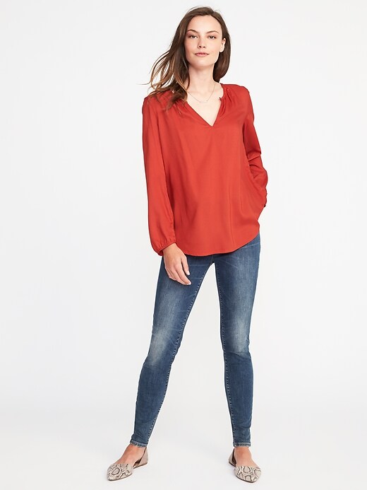 Image number 3 showing, Relaxed Shirred Split-Neck Blouse for Women
