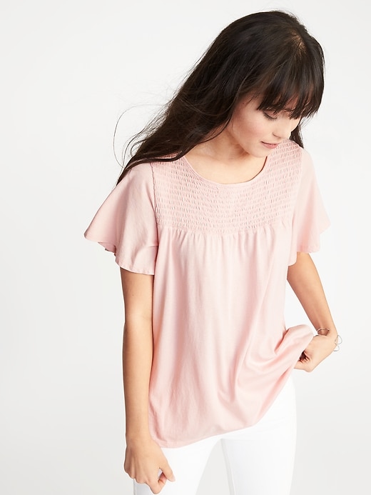 View large product image 1 of 1. Smocked-Yoke Flutter-Sleeve Top for Women