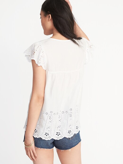 Image number 2 showing, Relaxed Lace-Yoke Cutwork Blouse for Women