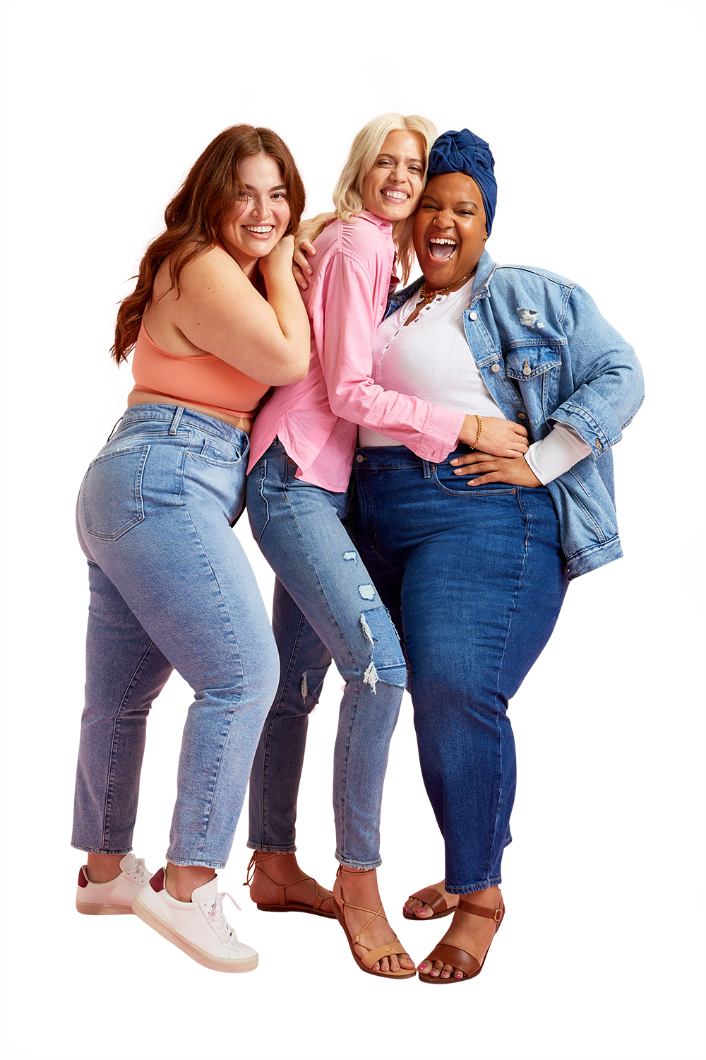 Three models hugging all wearing denim jeans.