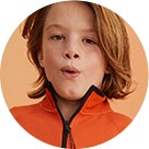 A young model wearing an orange zip up active jacket.