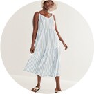 Image displays a light color stripe cami midi swing dress.