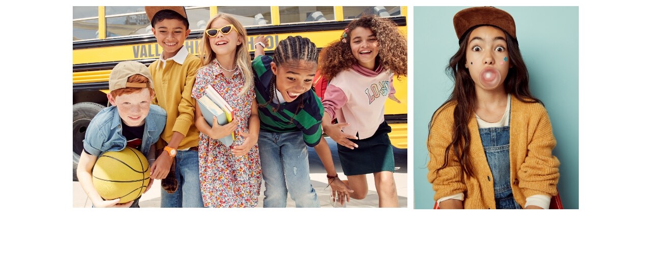 Multiple images of child models wearing back to school uniform attire