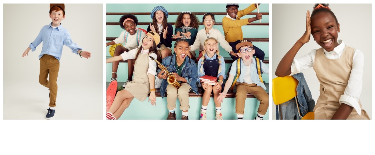 Multiple images of child models wearing back to school uniform attire