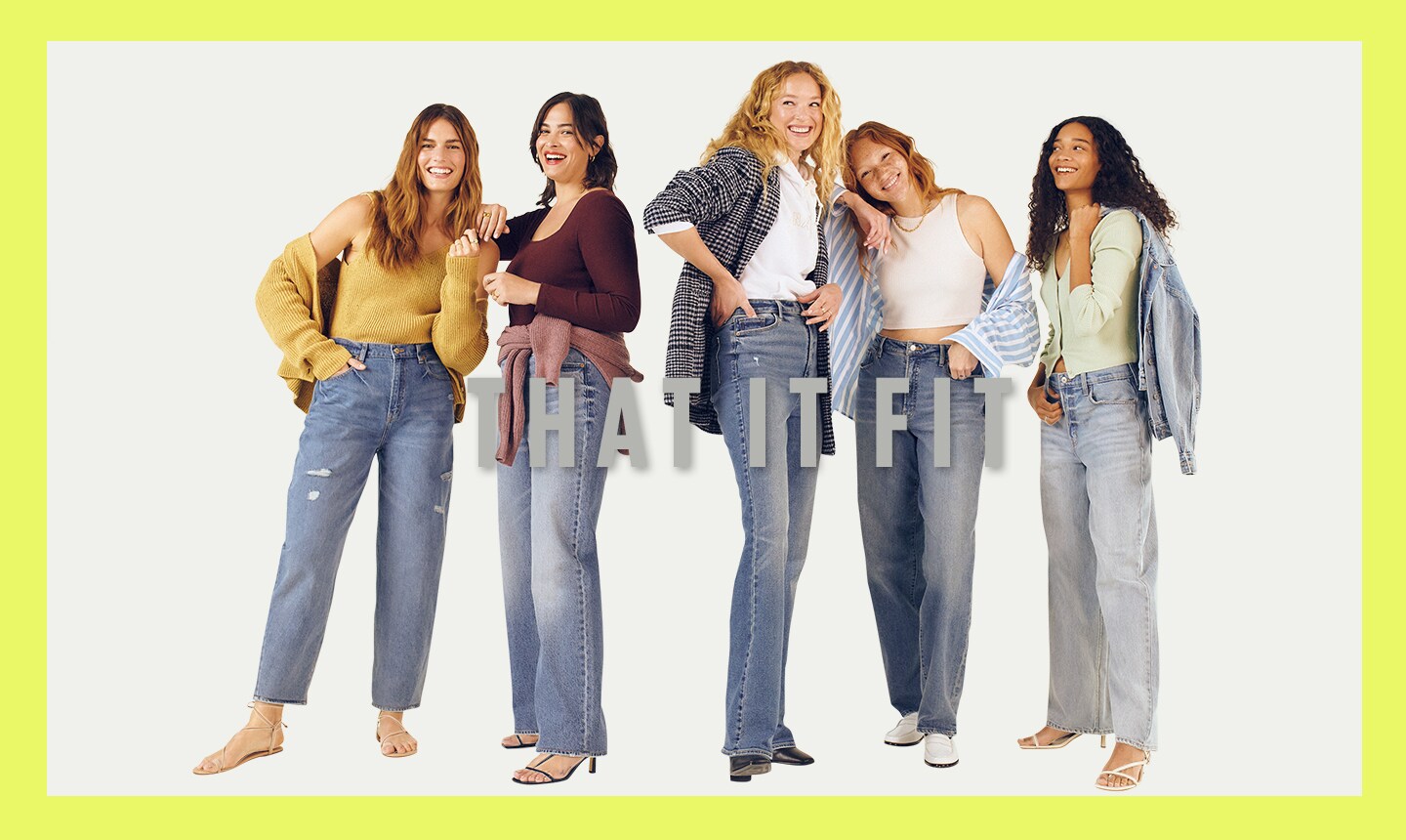 A group of five women in light to medium wash jeans of different fits and styles.