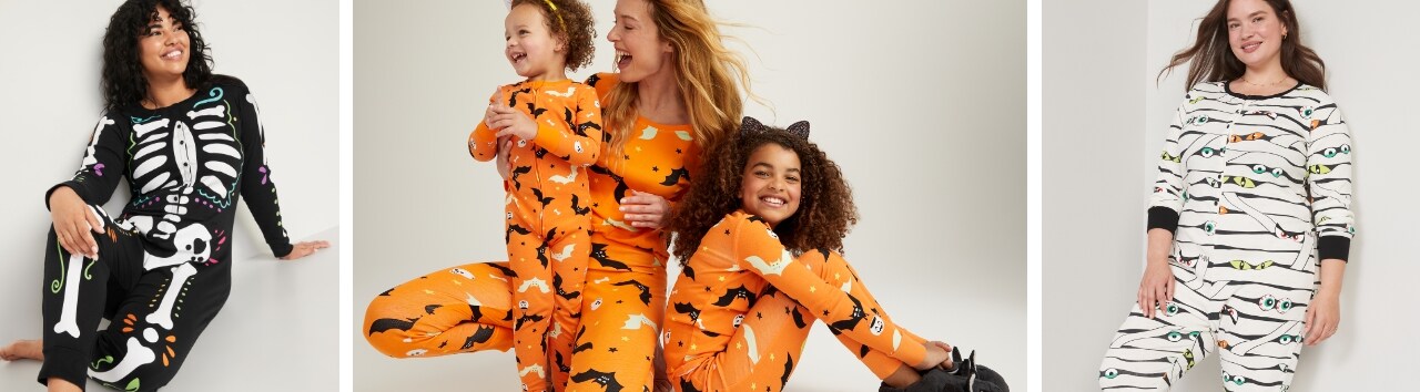 Images of female models in a variety of Halloween themed costume pajama outfits.