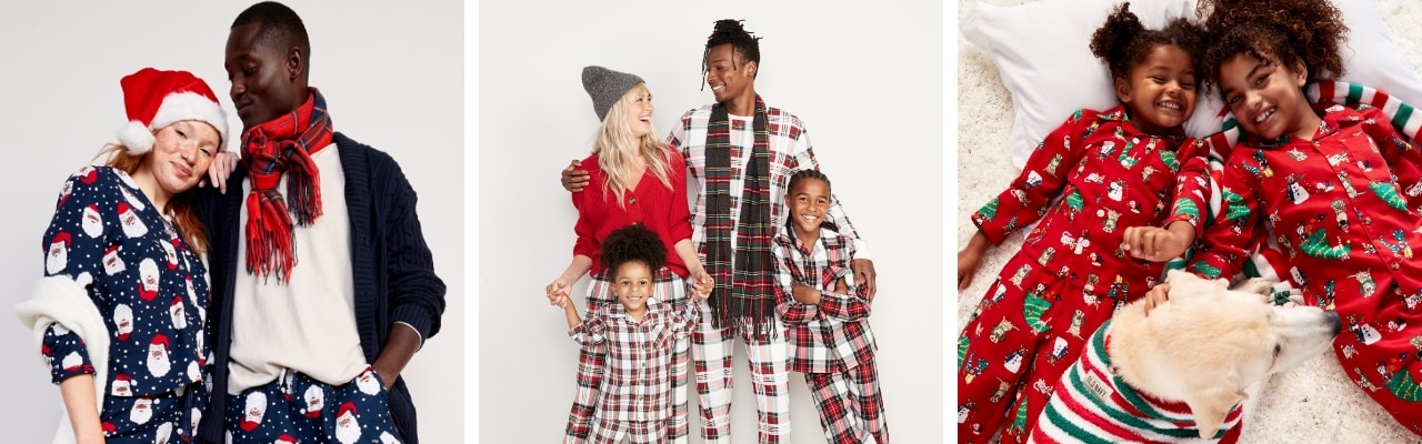 Images featuring a family members wearing matching holiday themed matching pajama sets