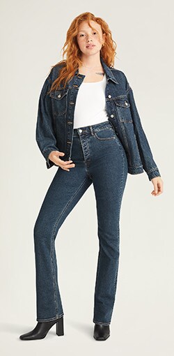 Model in curvy fit boot-cut jeans.