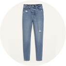 A pair of medium-wash skinny jeans.