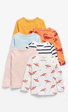 Image displays five long-sleeve tops in a variety of colors and prints.