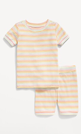 Image features short-sleeve striped pajama shorts set.