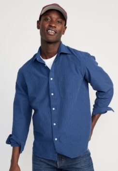 A male model wears a dark blue long sleeve button-up Everyday style shirt