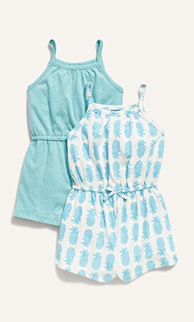 Image features multipack set of rompers for baby in solid blue and blue pineapple print.