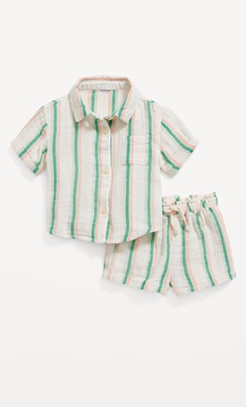 Image features short-sleeve stripe top and matching short set for baby.