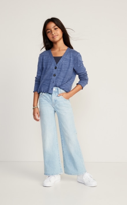 A model dressed in high waisted slouchy wide leg jean and a button up sweater.