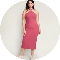 Female model wearing pink fitted halter midi dress for women.