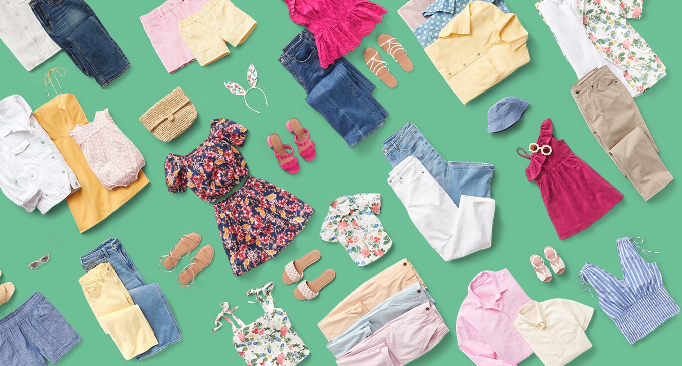 A layout of different colors and patterns of clothes such as dresses, shorts shirts, slippers, tops, and more from Old Navy collection.