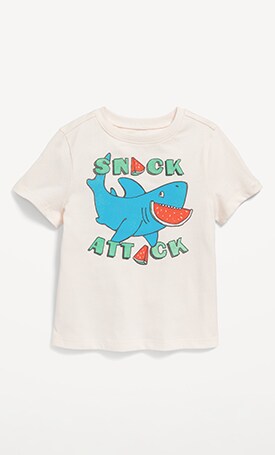 A white graphic tshirt with a shark eating watermelon.