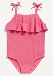 Image features a pink textured-knit ruffle-trim one-piece swimsuit for toddler girls.