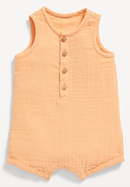 Image features orange unisex sleeveless henley romper for baby.