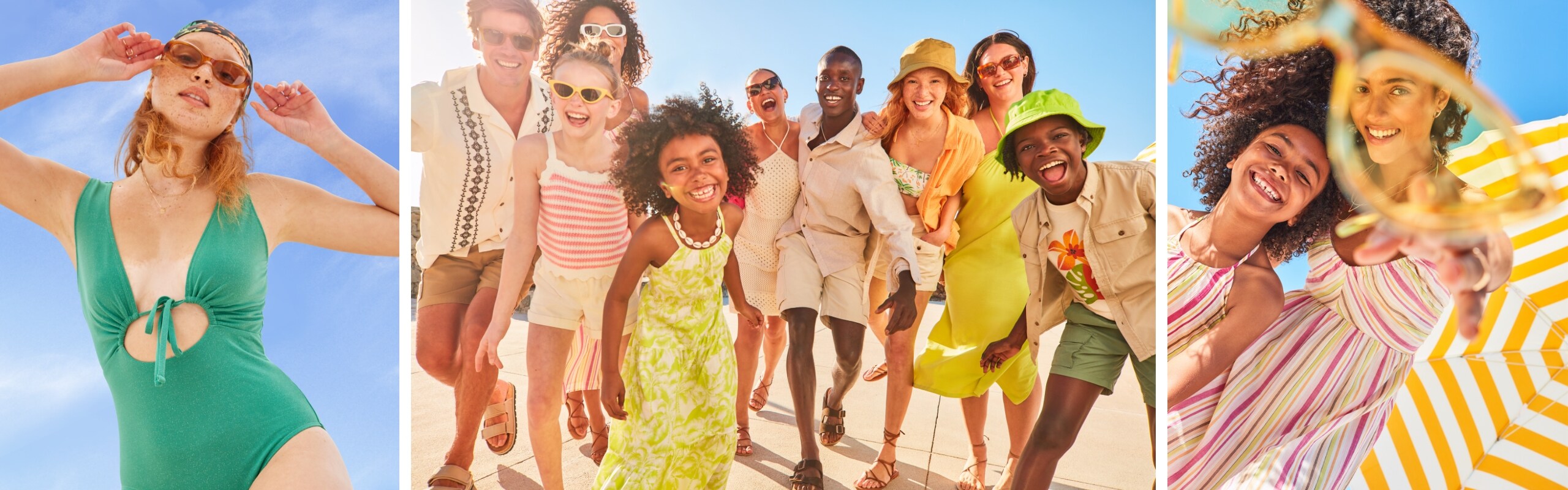 A group of friends and family standing on a sunny beach wearing dresses, shorts, graphic tees, sandals, and more.