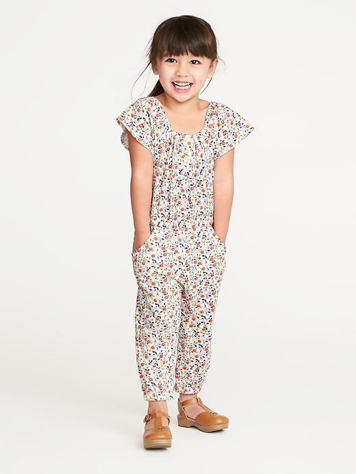 View large product image 1 of 3. Floral-Print Ruffle-Sleeve Romper for Toddler Girls