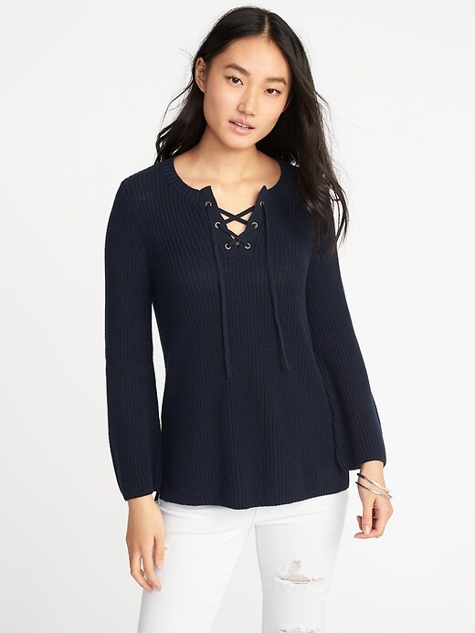 View large product image 1 of 1. Lace-Yoke Bell-Sleeve Sweater for Women