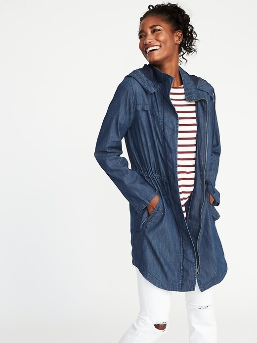 Image number 1 showing, Hooded Long-Line Chambray Utility Jacket for Women