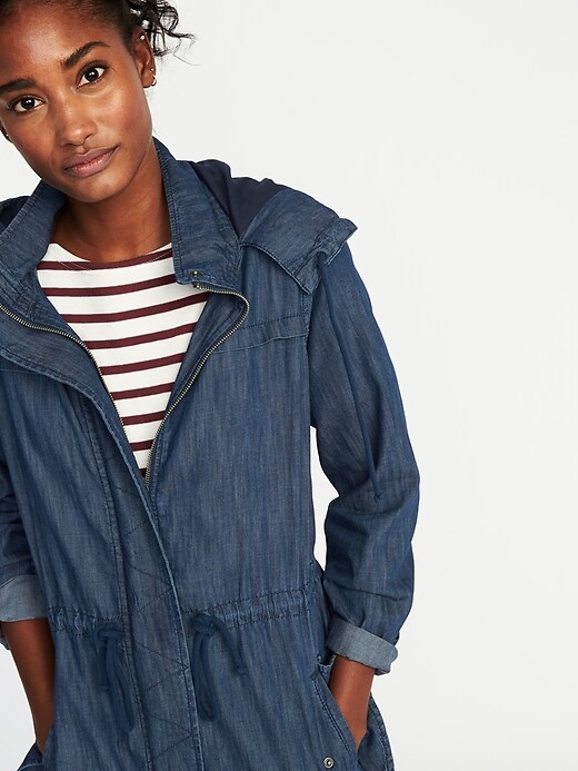 Image number 4 showing, Hooded Long-Line Chambray Utility Jacket for Women