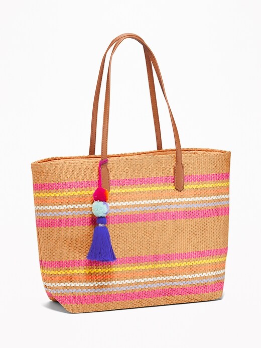View large product image 1 of 2. Striped Straw Pom-Pom Tassel Tote for Women