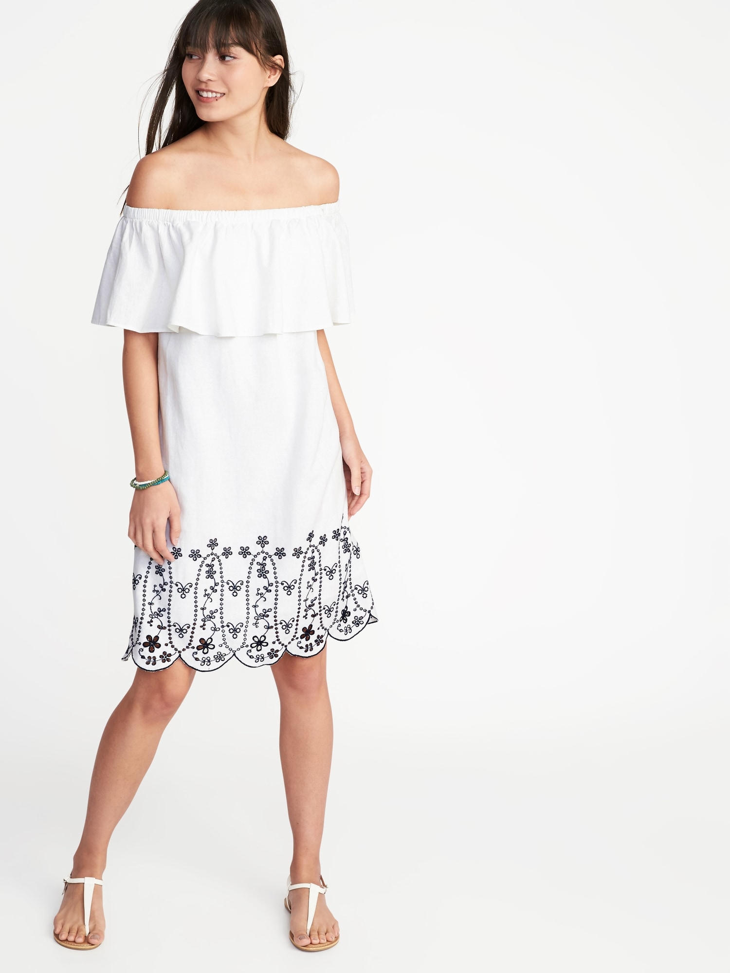 Off-the-Shoulder Linen-Blend Cutwork Shift Dress for Women
