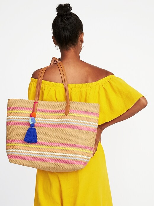View large product image 2 of 2. Striped Straw Pom-Pom Tassel Tote for Women