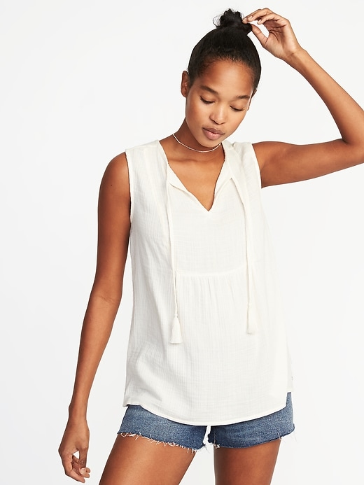 Image number 1 showing, Relaxed Sleeveless Tie-Neck Boho Top for Women