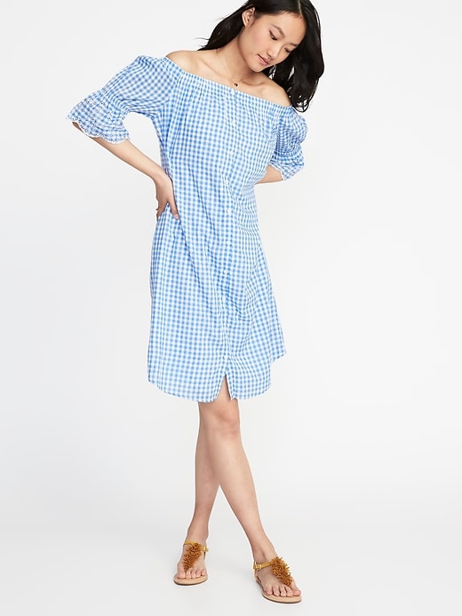 View large product image 1 of 2. Off-the-Shoulder Button-Front Gingham Dress for Women