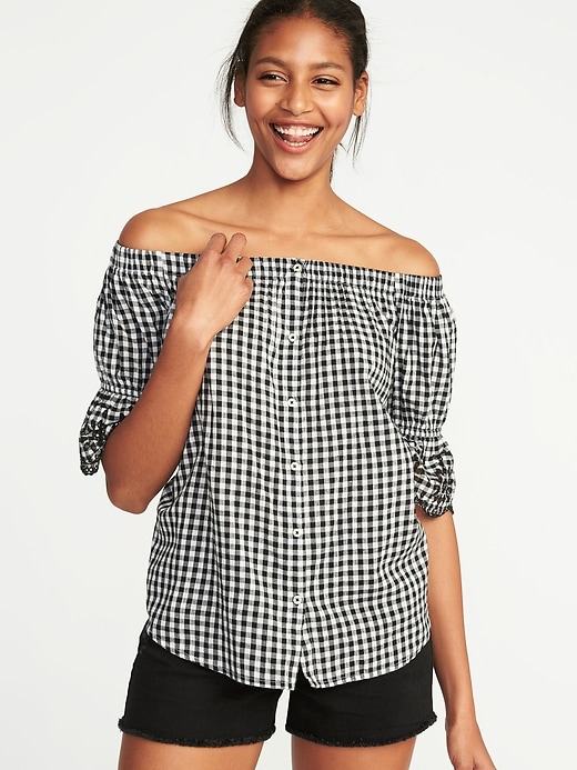 View large product image 1 of 1. Off-the-Shoulder Button-Front Gingham Swing Top for Women