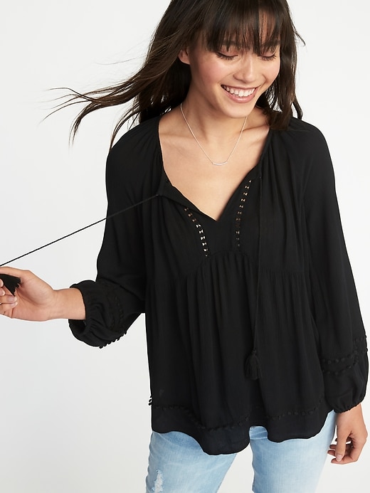 View large product image 1 of 1. Boho Tassel-Tie Swing Top for Women
