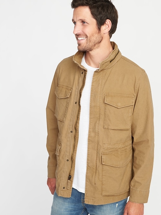 View large product image 1 of 1. Canvas Built-In Flex Stowaway-Hood Military Jacket