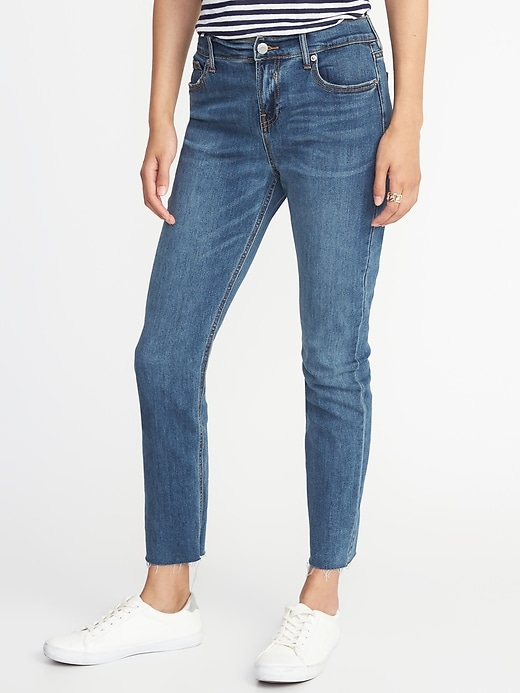 View large product image 1 of 3. Mid-Rise Raw-Hem Straight Ankle Jeans for Women