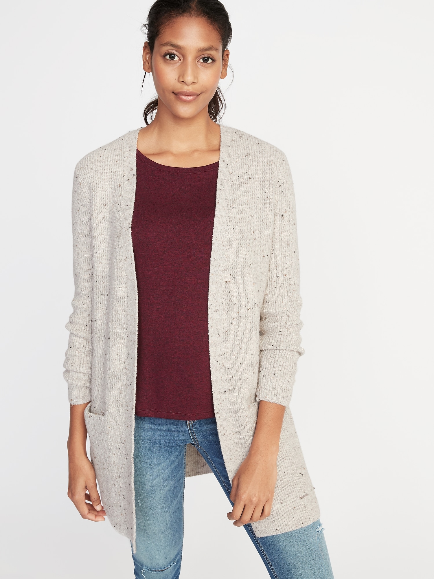 Old Navy - Shaker-Stitch Long-Line Open-Front Sweater for Women gray