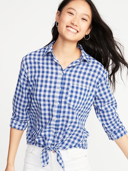 Relaxed Gingham Tie Hem Shirt for Women