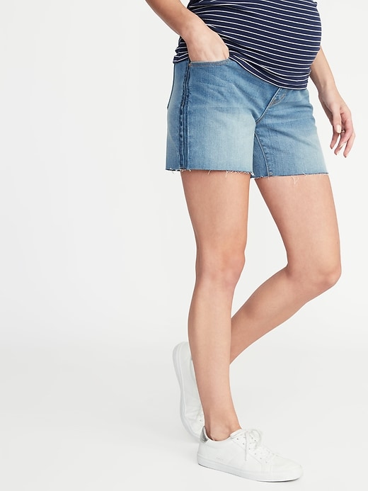 View large product image 1 of 3. Maternity Full-Panel Boyfriend Raw-Edged Jean Shorts - 5-Inch Inseam
